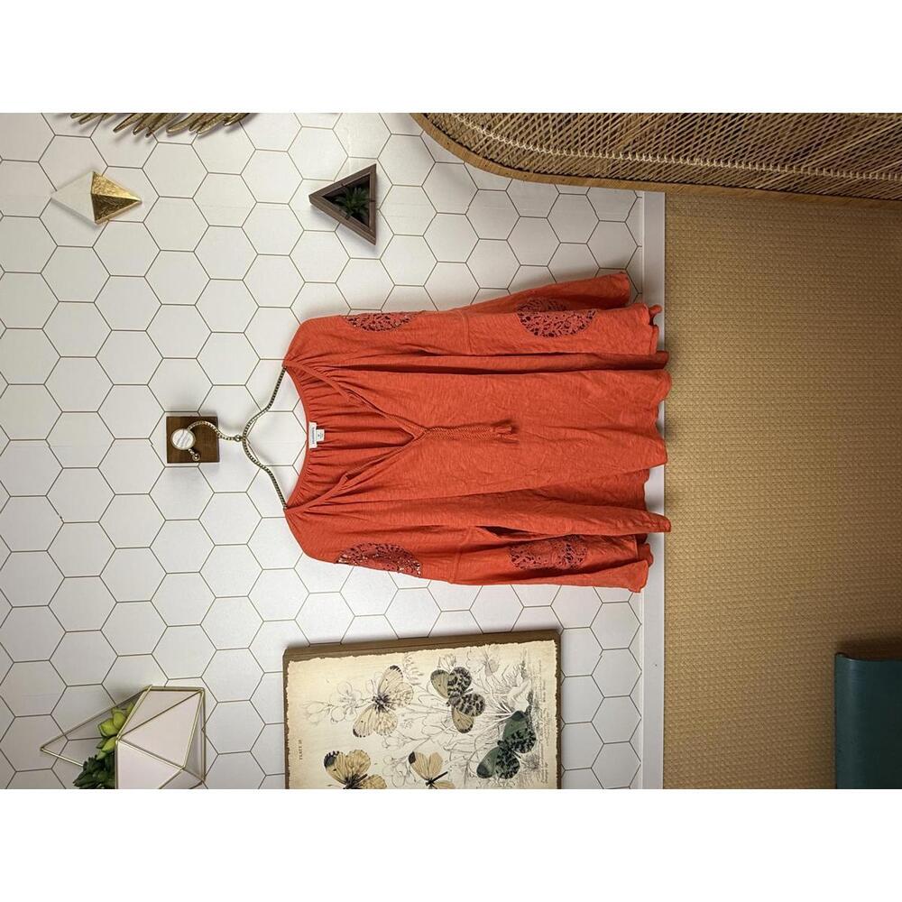 Sundance Orange Red Bell Sleeve Crochet Peasant Long Sleeve Top - Size - Medium